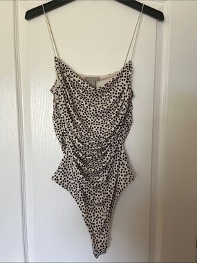 H&M Beige and Black Polka Dot Draped Spaghetti-Strap Bodysuit